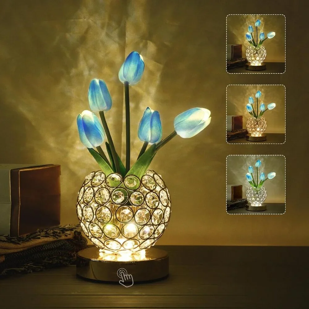 Crystal Blue Tulip Flower Rechargeable Cordless Touch Light Lamp Home Decor